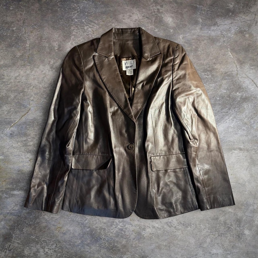 Vakko Sport 100% Leather Blazer Jacket Brown Tailored Single Button Womens Sze 8